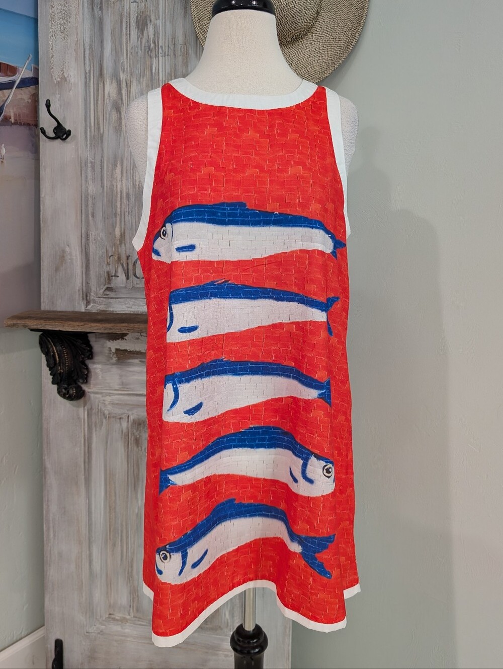 Nice To Meet You Orange Sleeveless Fish Print Shift Dress